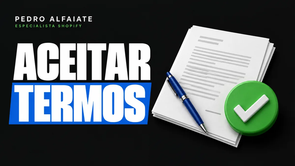 Aceitar termos: documento branco, caneta azul e um visto verde sobre fundo preto.