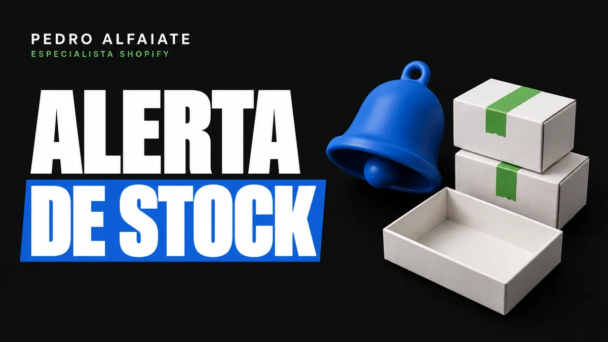Alerta de stock: poucas caixas brancas junto de um sino azul sobre fundo preto.