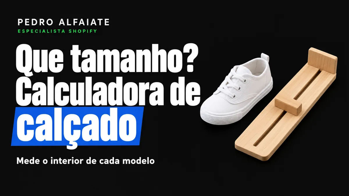 Capa Que tamanho? Calculadora de calçado, com um sapato de criança e um medidor de pés em madeira em fundo preto.