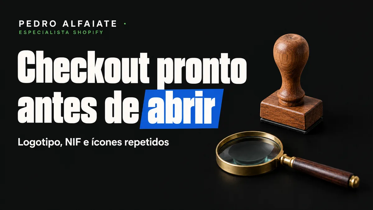 Capa Checkout pronto antes de abrir, com um carimbo de madeira e uma lupa em fundo preto.