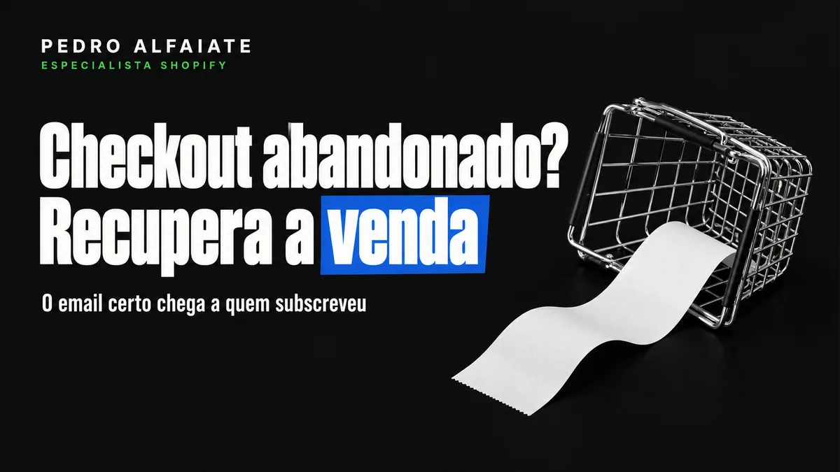 Capa Checkout abandonado? Recupera a venda, com um cesto de compras de metal vazio e um talão em branco em fundo preto.