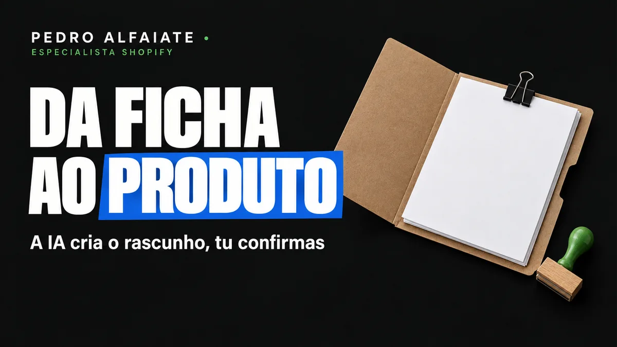 Capa Da ficha ao produto, com uma pasta de cartão com folhas presas por uma mola e um carimbo em fundo preto.