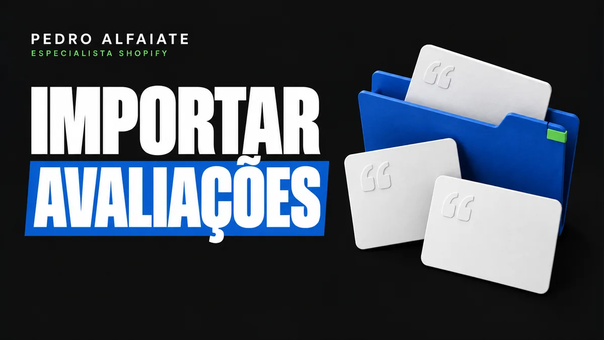 Importar avaliações: cartões de texto e uma pasta azul sobre fundo preto.