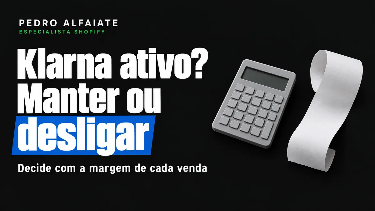 Capa Klarna ativo? Manter ou desligar, com uma calculadora e um talão de papel enrolado em fundo preto.
