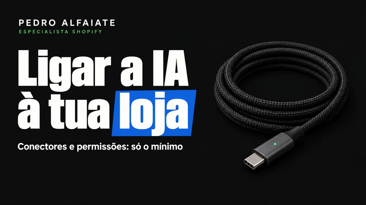 Capa Ligar a IA à loja, com um cabo e uma ficha de ligação sobre fundo preto.