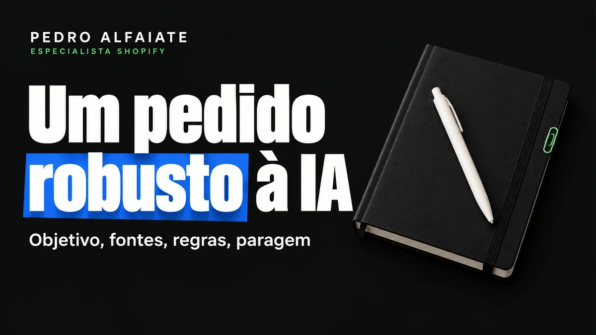 Capa Um pedido robusto à IA, com um bloco de notas e uma caneta sobre fundo preto.