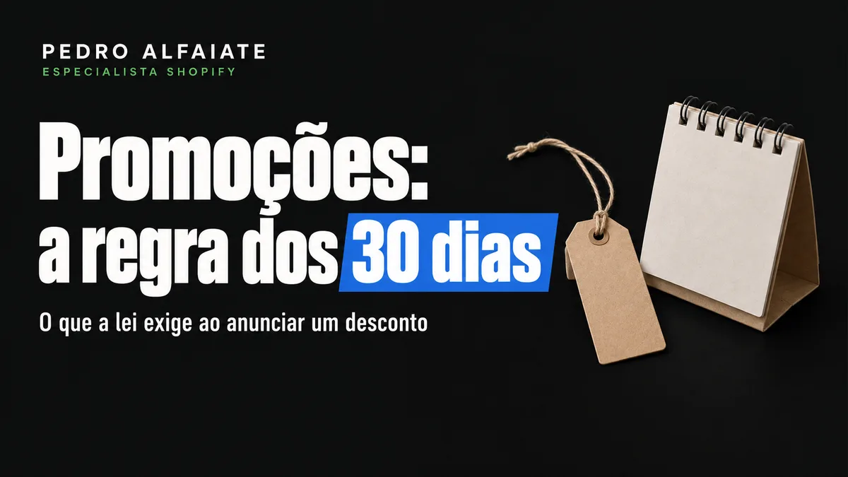 Capa Promoções: a regra dos 30 dias, com uma etiqueta de preço e um calendário de secretária em fundo preto.