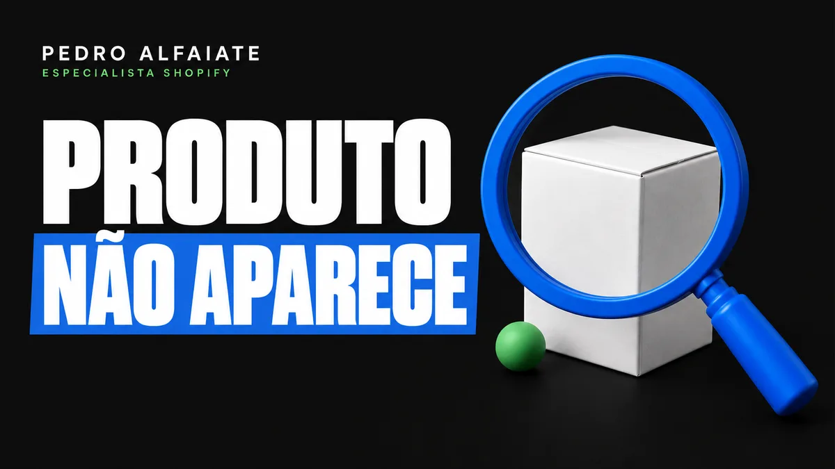 Produto não aparece: lupa azul à frente de uma caixa branca sobre fundo preto.