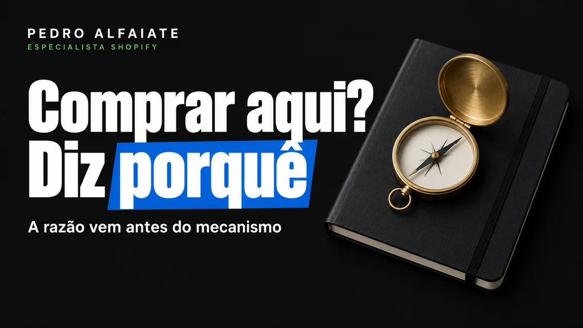 Capa Comprar aqui? Diz porquê, com uma bússola de latão sobre um bloco de notas em fundo preto.