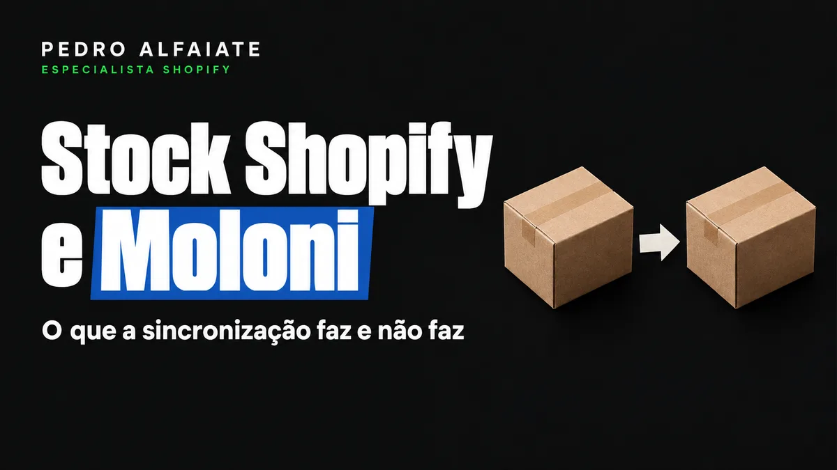 Capa Stock Shopify e Moloni, com duas caixas de cartão e uma seta de papel entre elas.