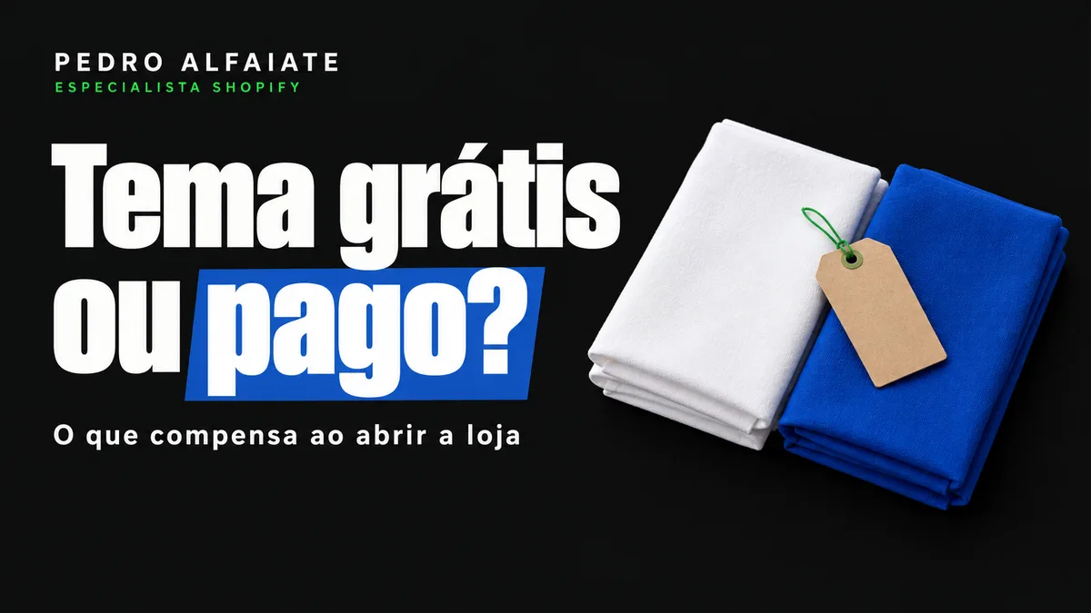 Capa Tema grátis ou pago?, com duas amostras de tecido dobradas e uma etiqueta de papel em fundo preto.