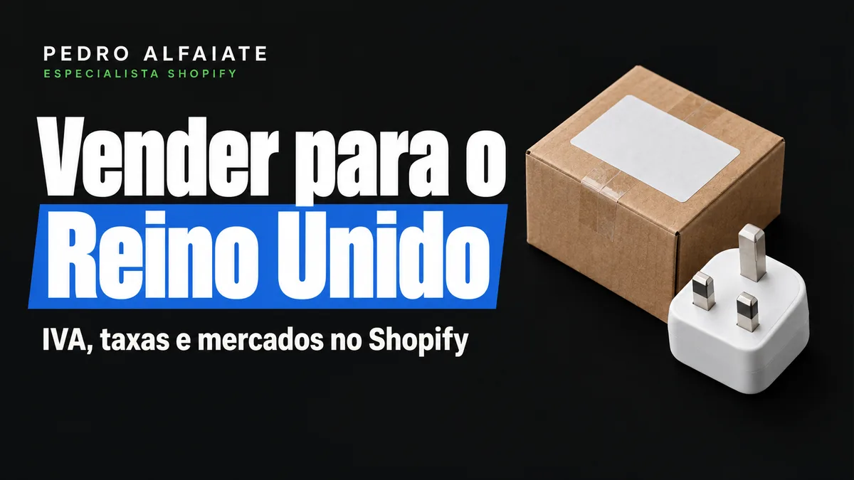 Capa Vender para o Reino Unido, com uma pequena caixa de cartão com etiqueta em branco e um adaptador de tomada britânico em fundo preto.
